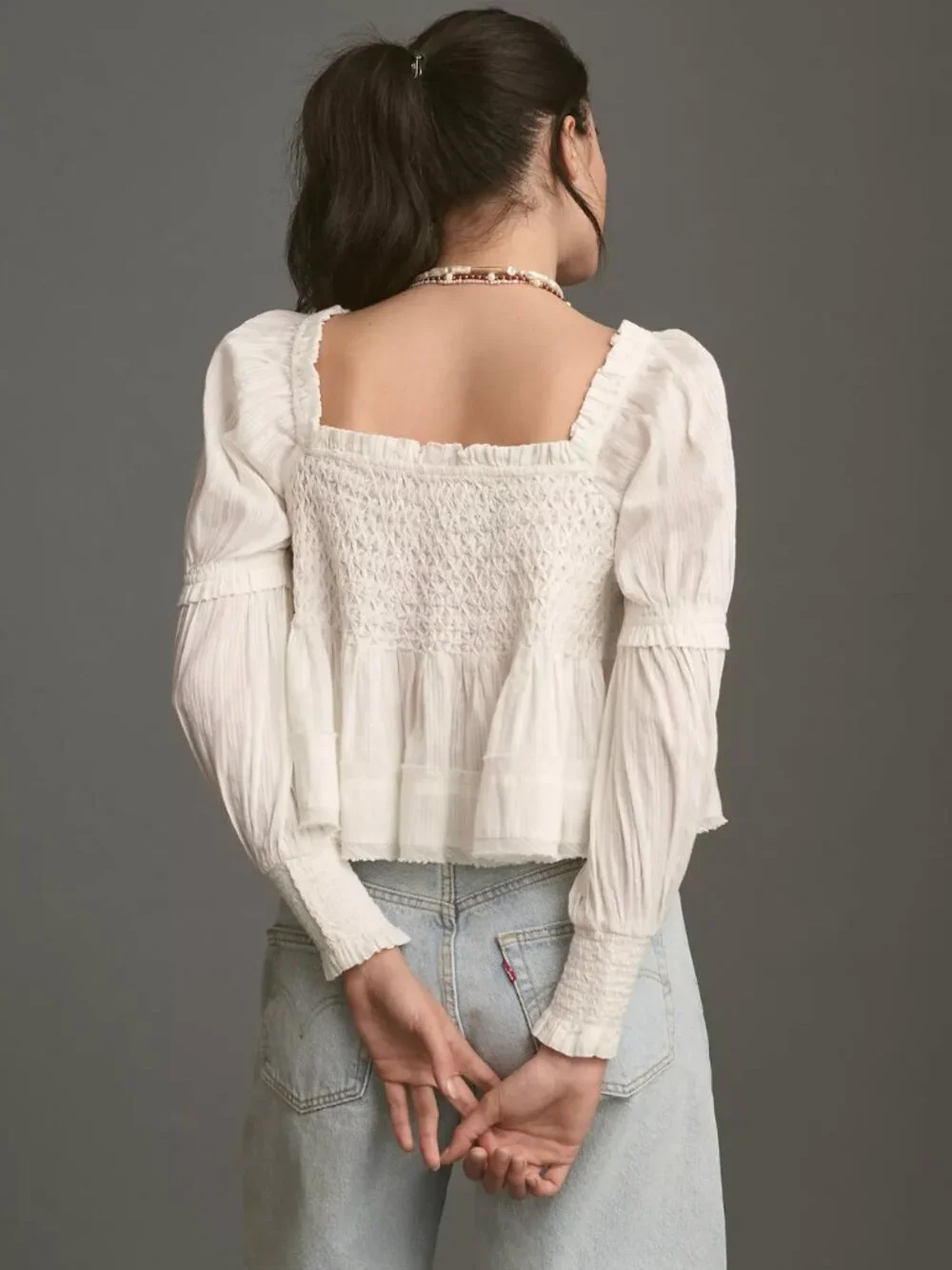 Anthropologie White Cotton Smocked Shirred Button Down Cropped Babydoll Top
